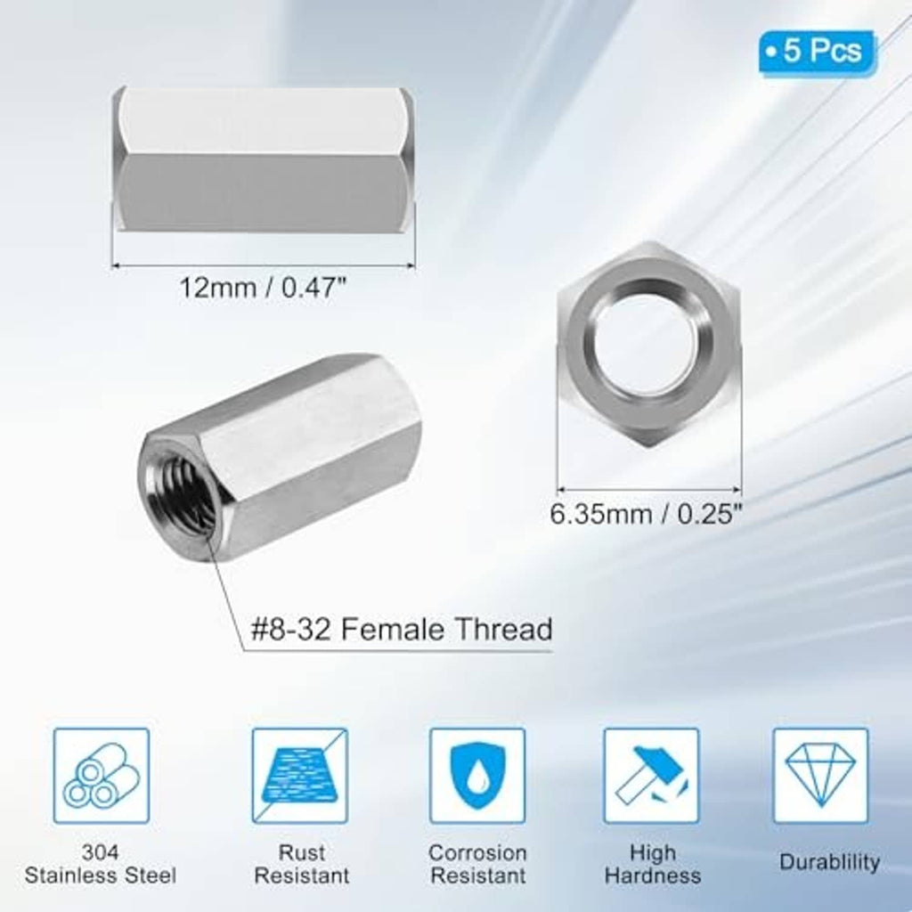 Stainless steel hex coupling nuts, #8-32 female thread, 12mm long