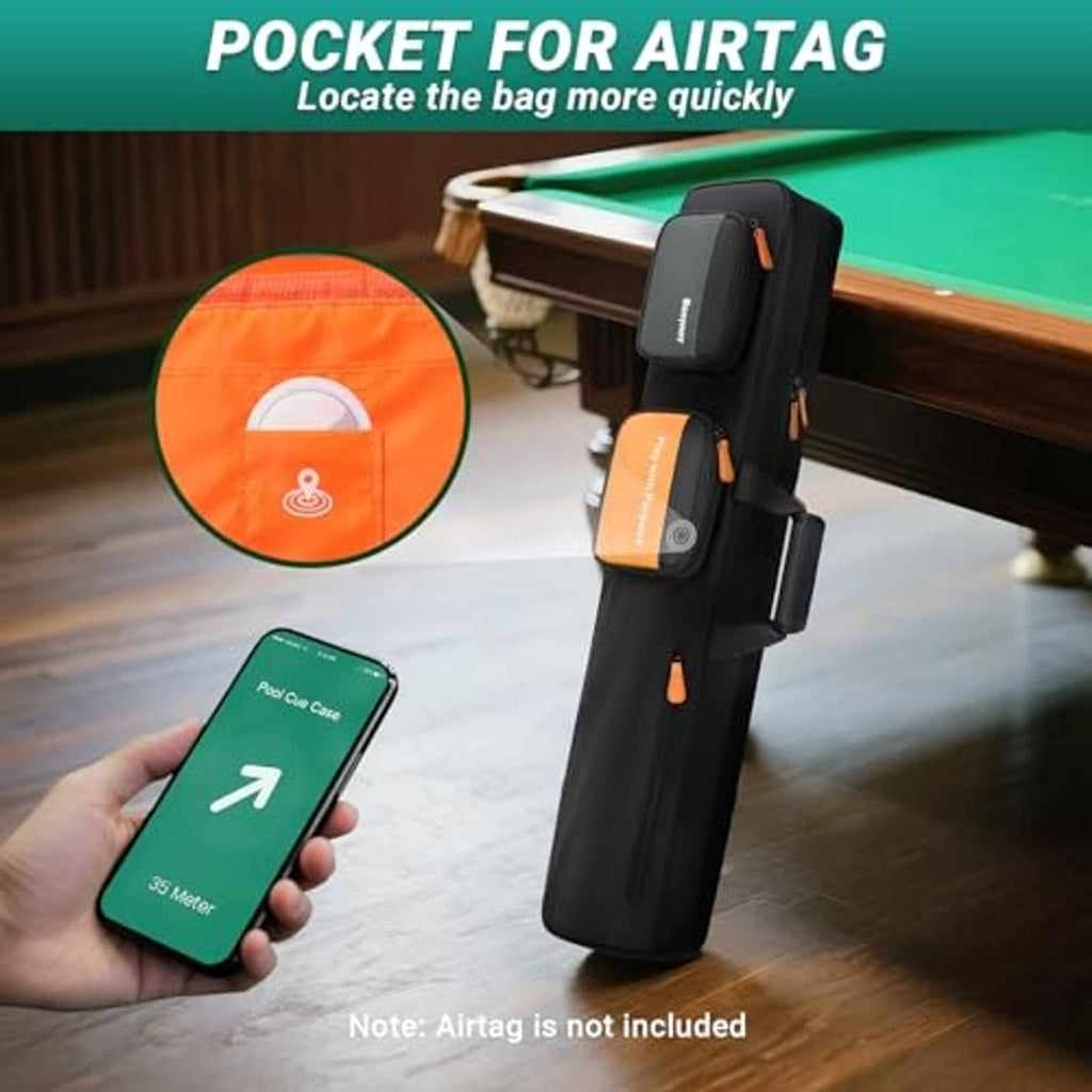 Black pool cue case with AirTag locator pocket and orange attachment label
