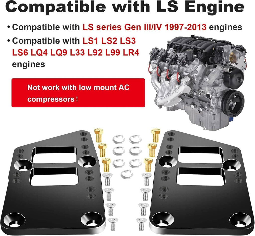 Black LS engine motor mount adapter plates with included bolts and spacers