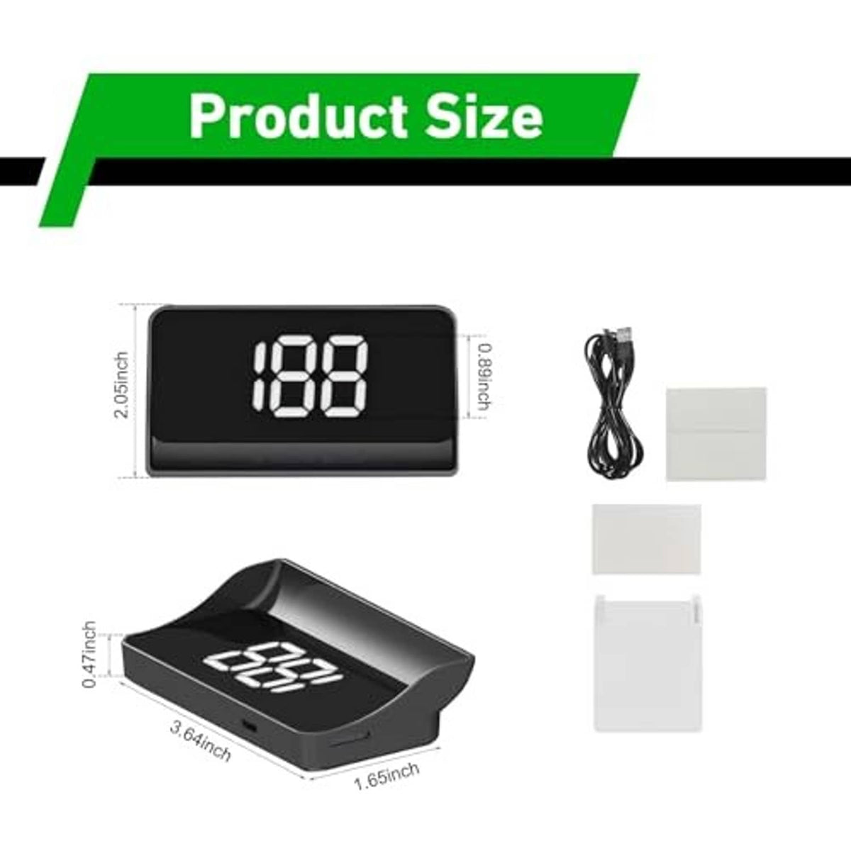 Car head-up display showing 108 speed readout, with included cable and mounting pads