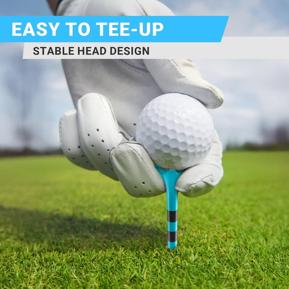 Blue plastic golf tee held near a golf ball, with striped shaft and head