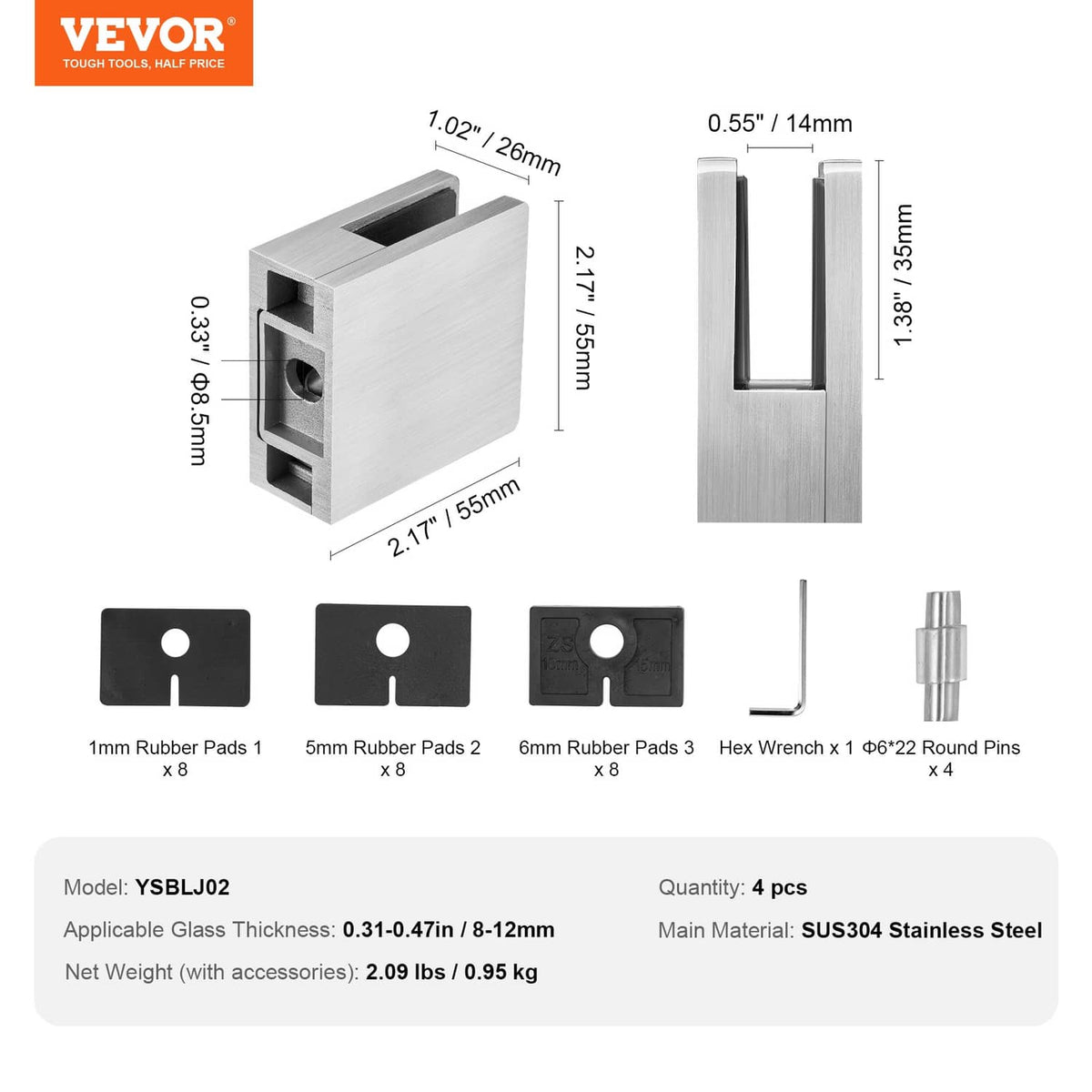 VEVOR glass clamp kit diagram showing four stainless clamps and rubber pads