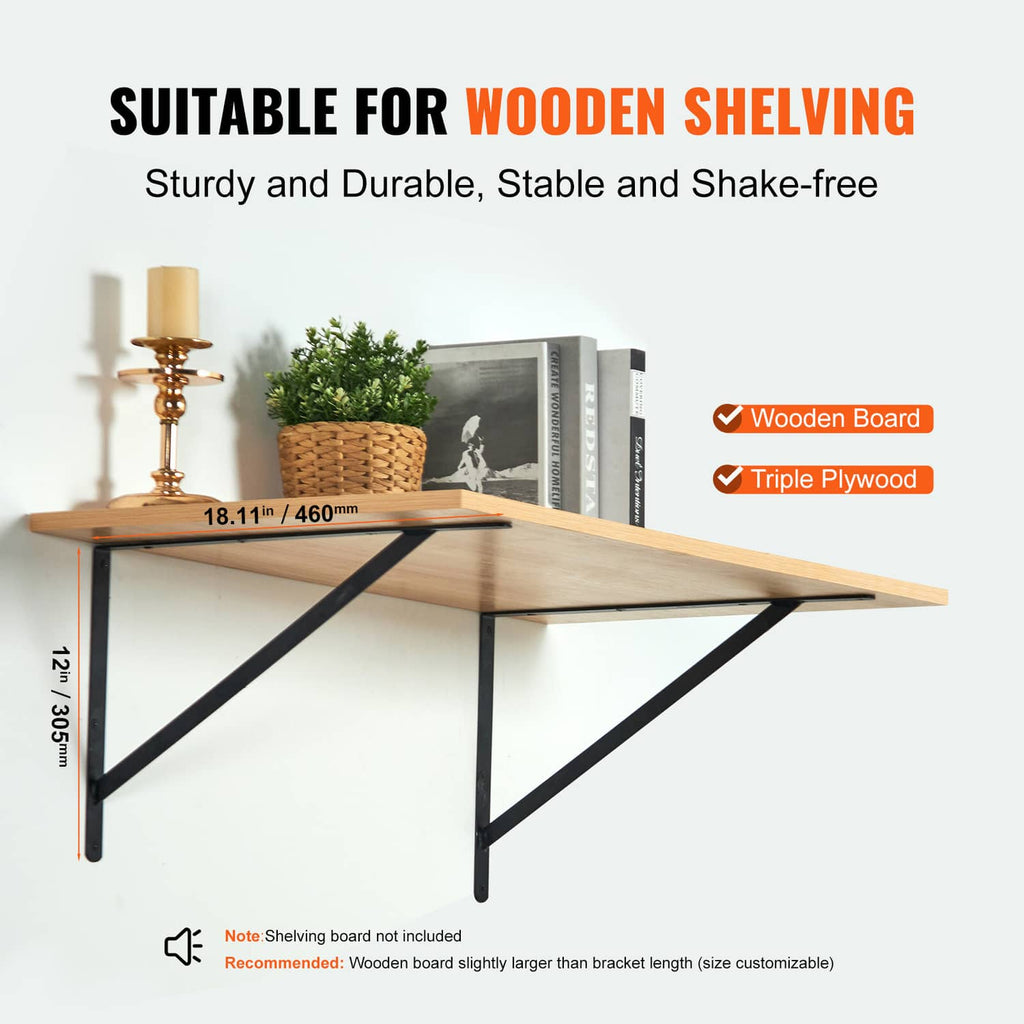 Triangular shelf bracket in black steel for wooden shelving boards, size shown on bracket