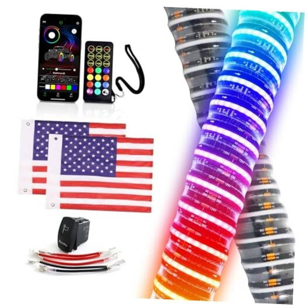 Two COB LED whip lights with app remote controller and power cords