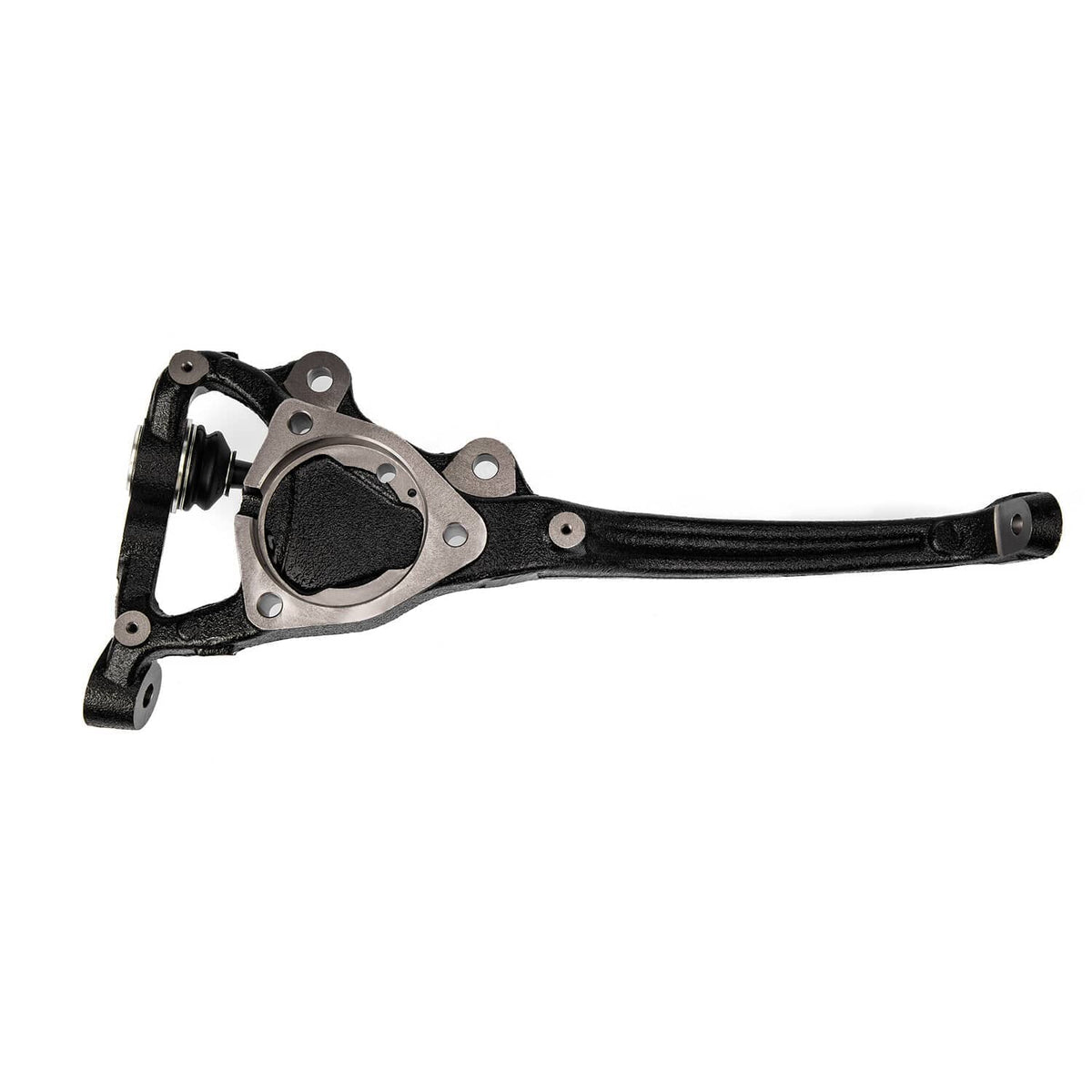 Right side steering knuckle with silver pivot area and black control arm