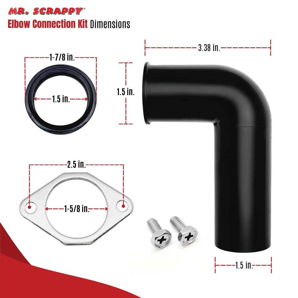 Drain elbow connection kit with black elbow, gasket, and two mounting screws