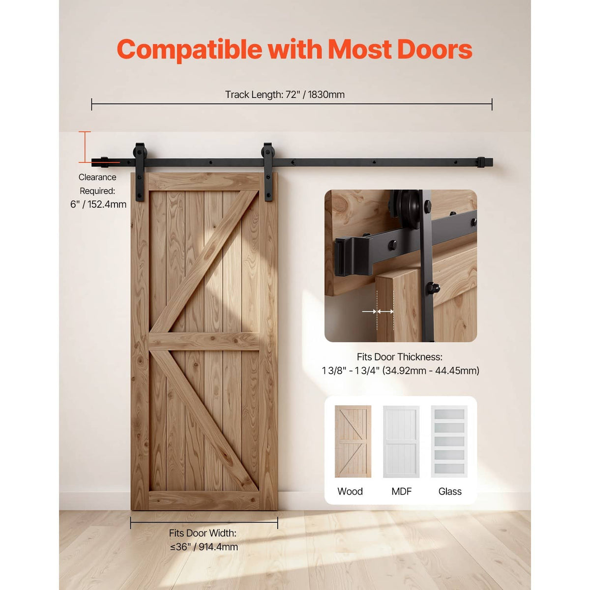 Black sliding barn door track and roller hardware with fit guide for door installation