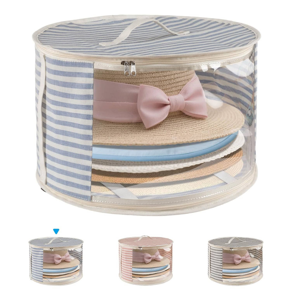 Round hat storage box with clear window, blue-and-white striped fabric, pink bow front.