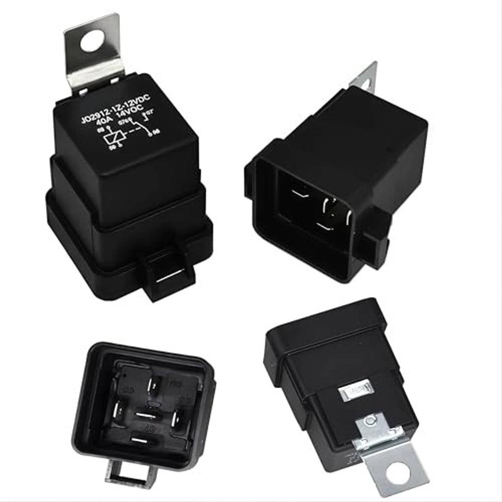 Set of black 12V relays with mounting tabs and visible pin terminal sides