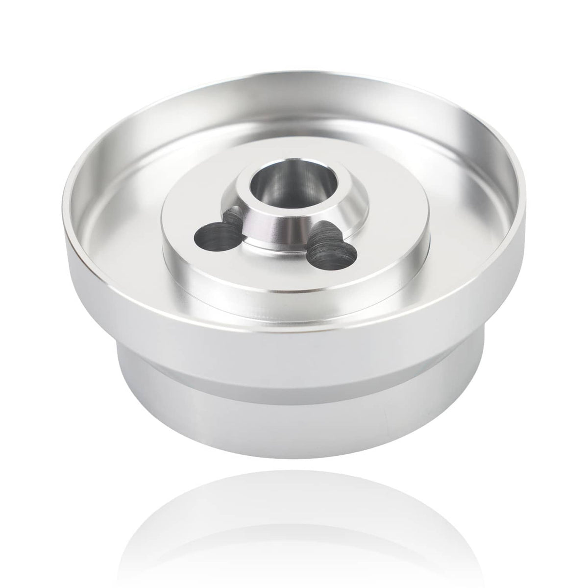 Polished short steering wheel hub adapter with 5/6-bolt pattern and center splined hole