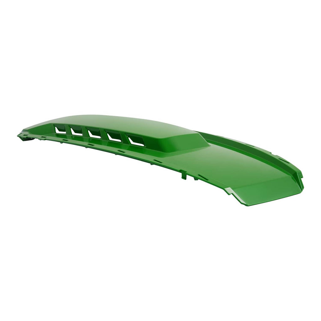 John Deere green tractor hood panel with side vent cutouts and angled end