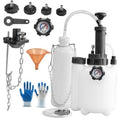 Brake bleeder vacuum pump kit with gauge, hose, adapters, funnel, gloves, and tools