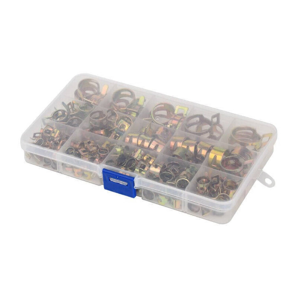 Spring hose clamp kit in clear case with blue latch, assorted 6–22 mm clamps