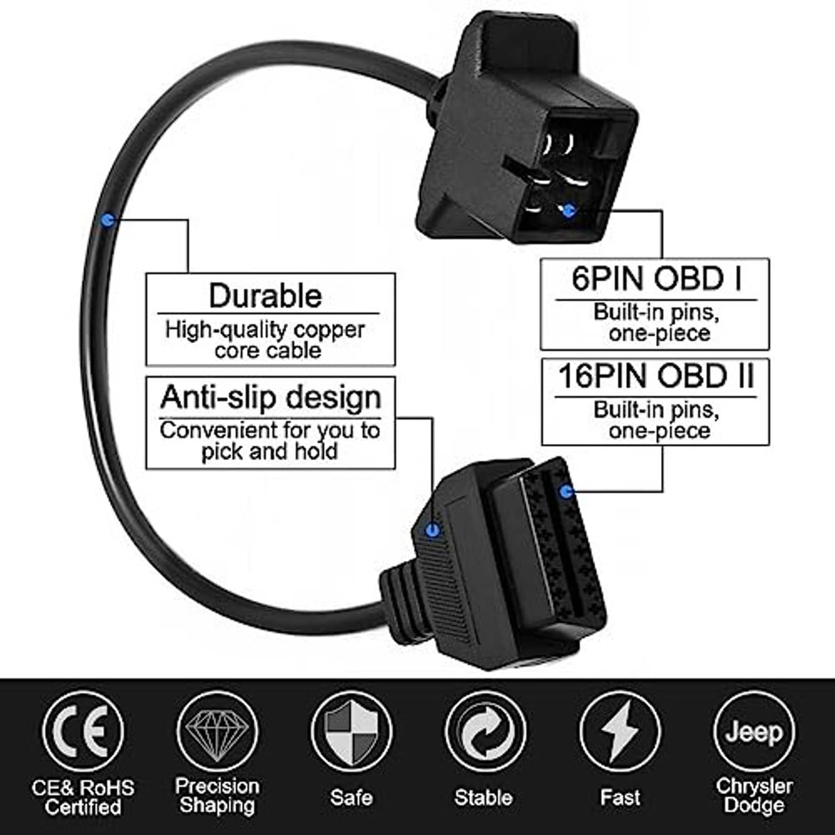 OBD adapter cable with 6-pin and 16-pin connectors on a black lead
