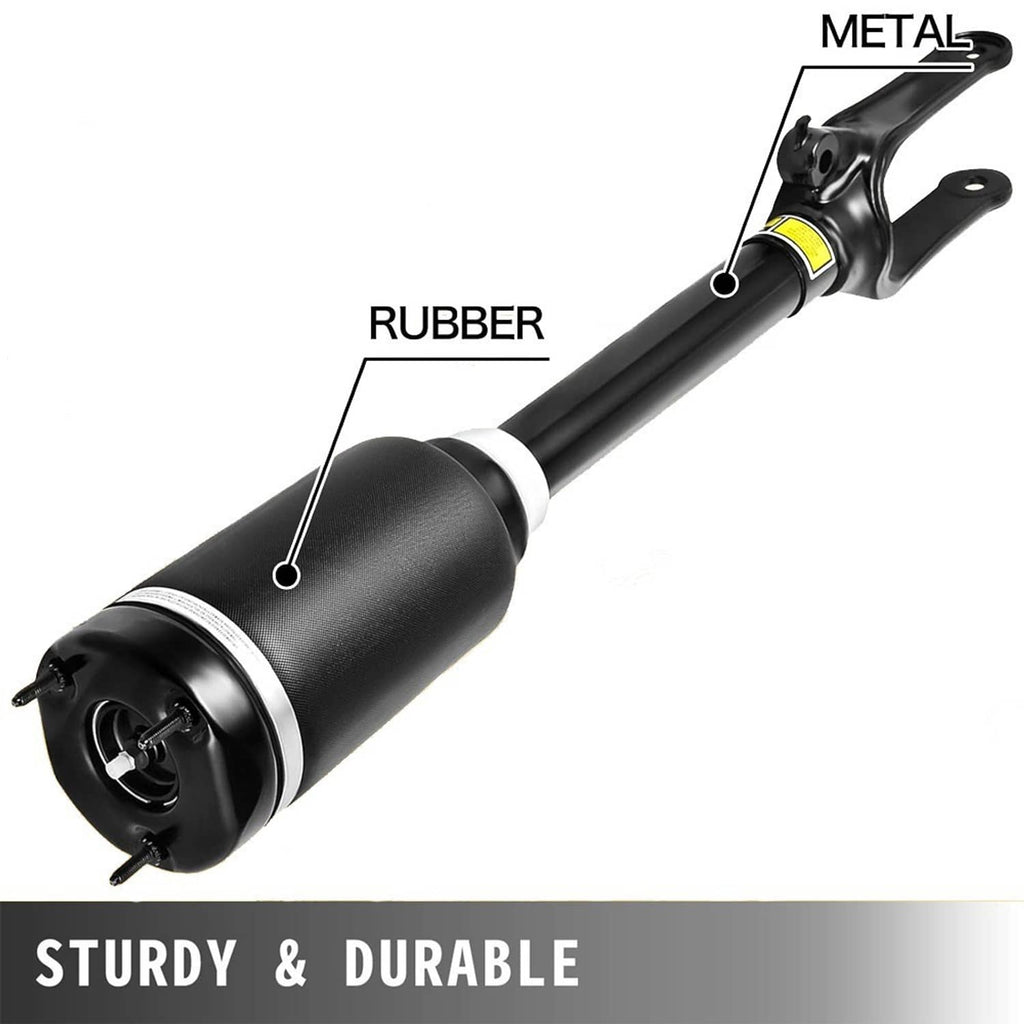 Front air suspension strut close-up showing metal rod and black rubber air sleeve