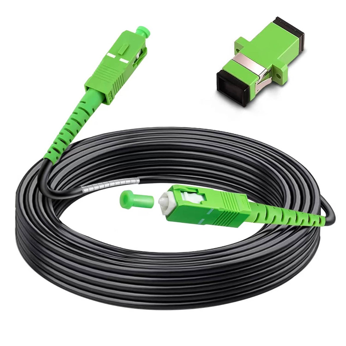 Black armored fiber optic cable coil with green SC/APC connectors, 15 m length
