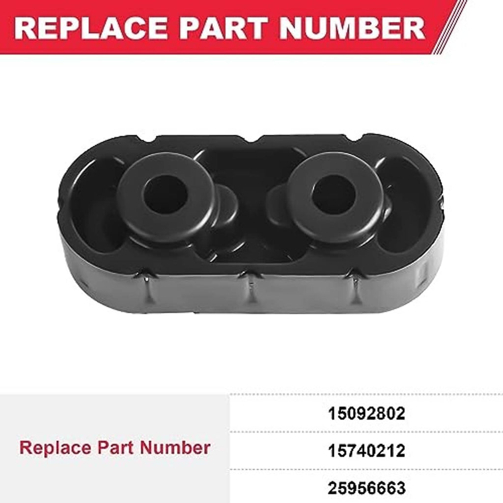 Black exhaust muffler hanger insulator with two raised rubber grommets and holes