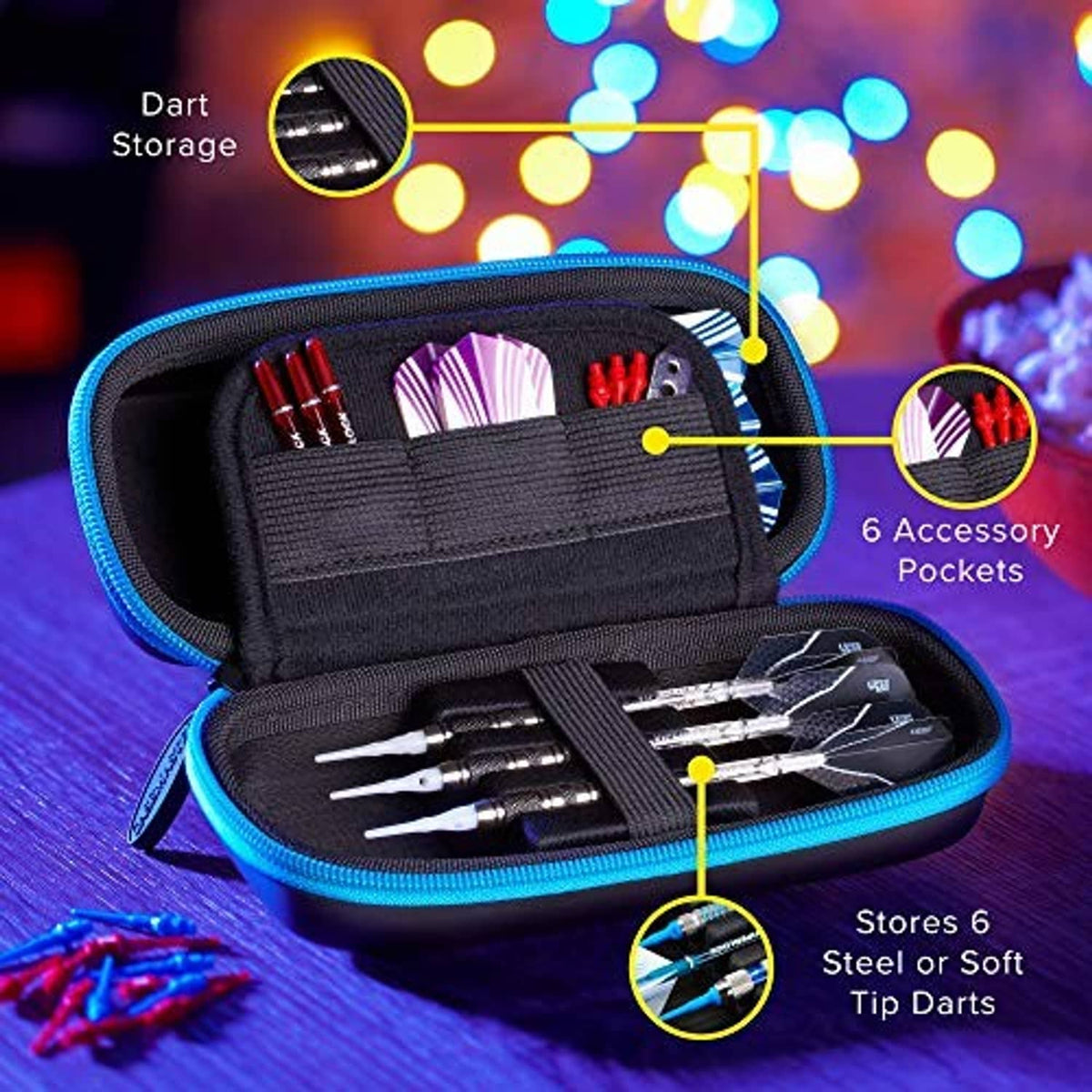Black slim dart accessory case with blue trim; open pockets for tips and tools