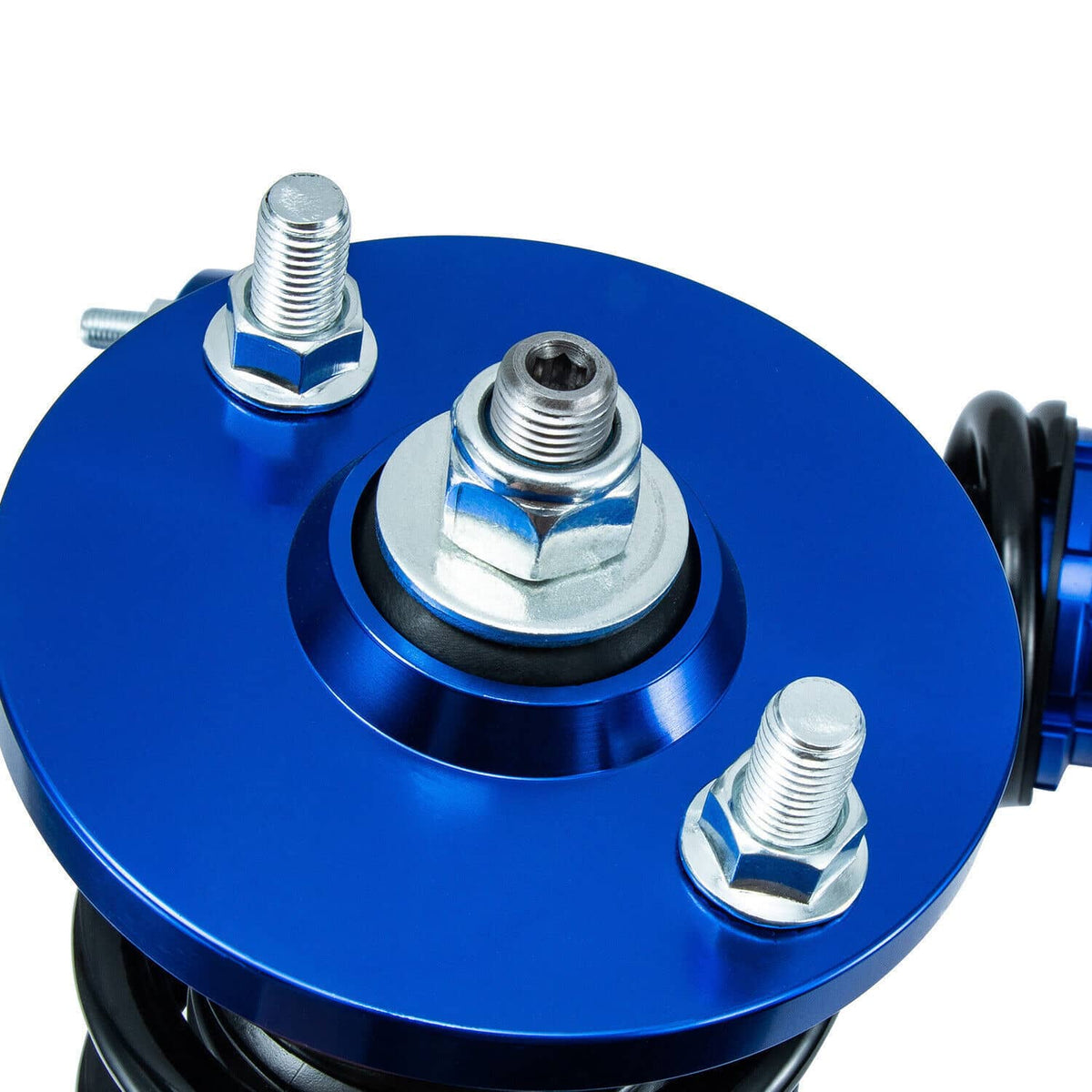 Blue coilover top plate with three silver bolts and threaded center stud