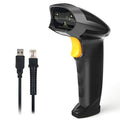 Wired handheld 1D barcode scanner with USB cable, black body and yellow trigger