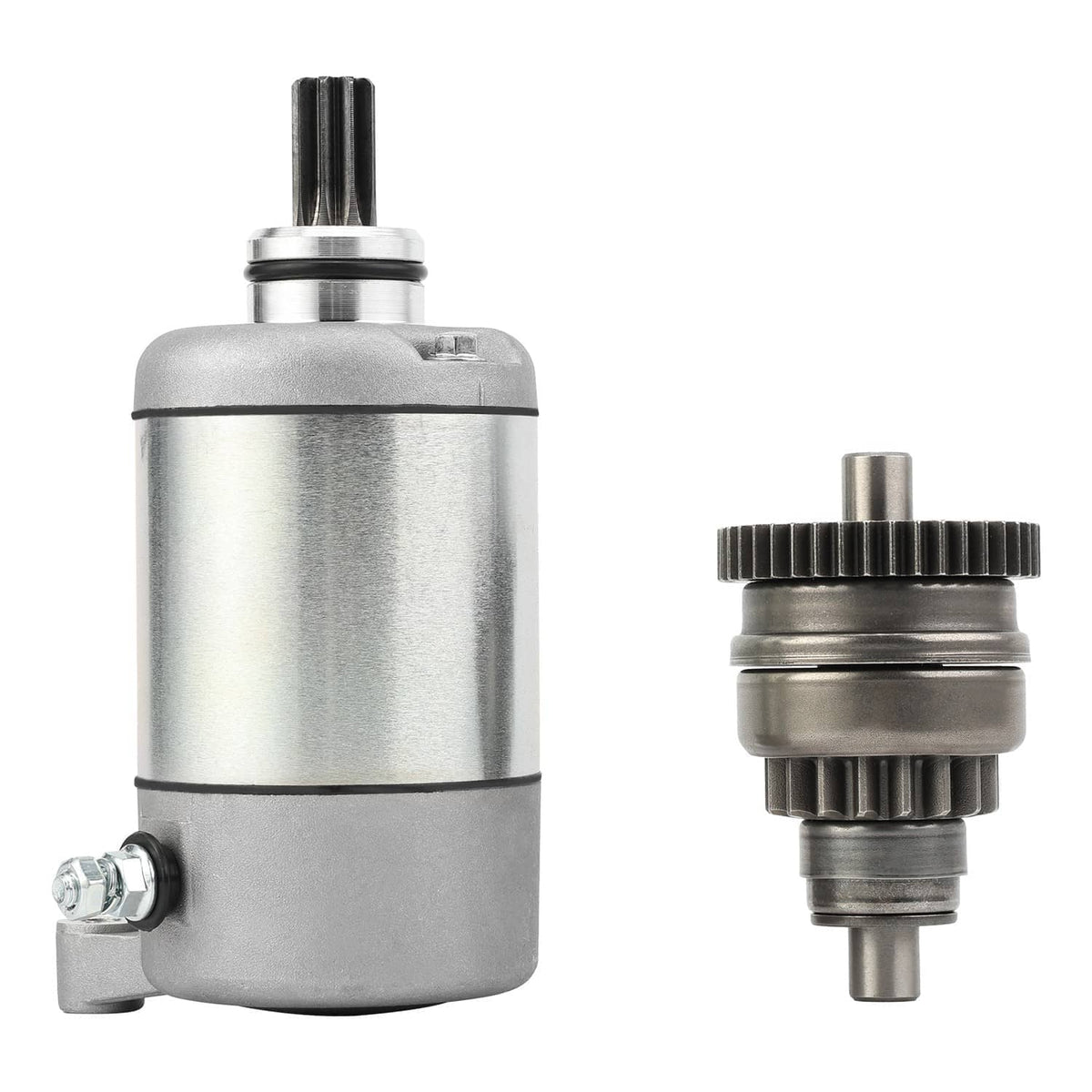 ATV starter motor with silver housing and small pinion gear assembly, front and side view