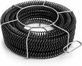 Sectional drain cleaning cable kit with coiled black steel cable and carrying handle