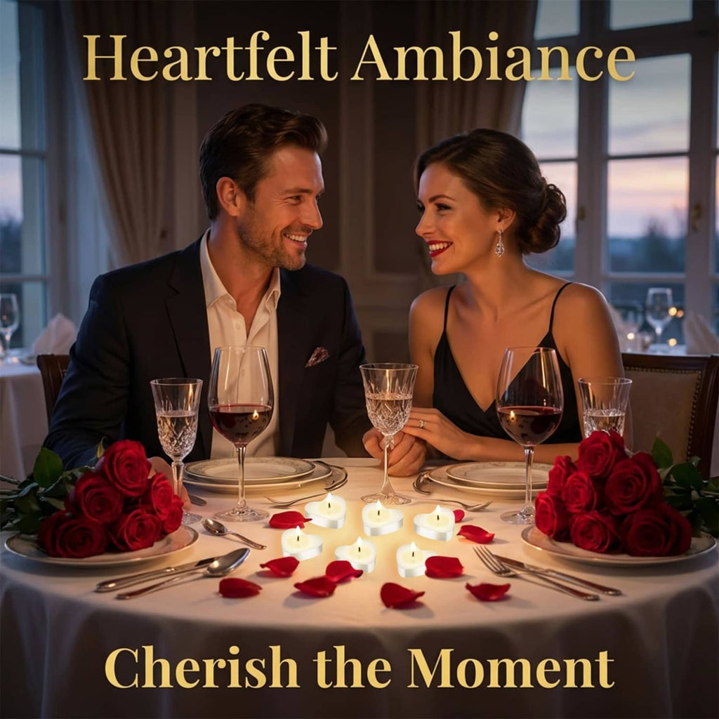 Lit white heart-shaped tea candles on a dining table with rose petals