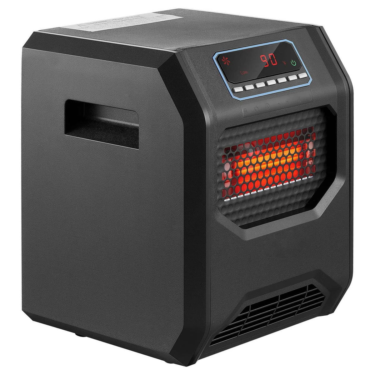 Black infrared electric heater close-up with digital screen and red heating element