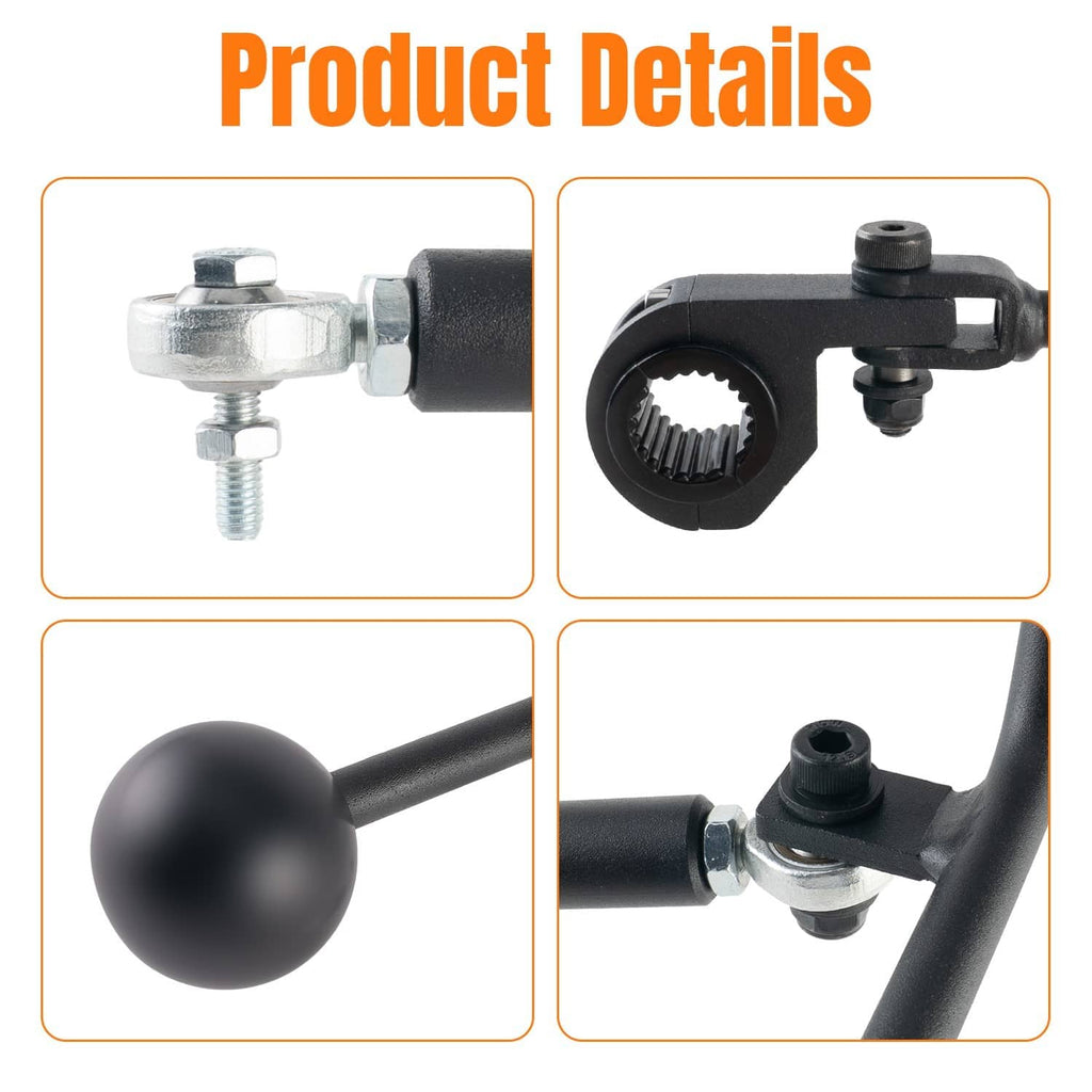 Close-up of black shifter linkage arm with ball lever and toothed mounting joint
