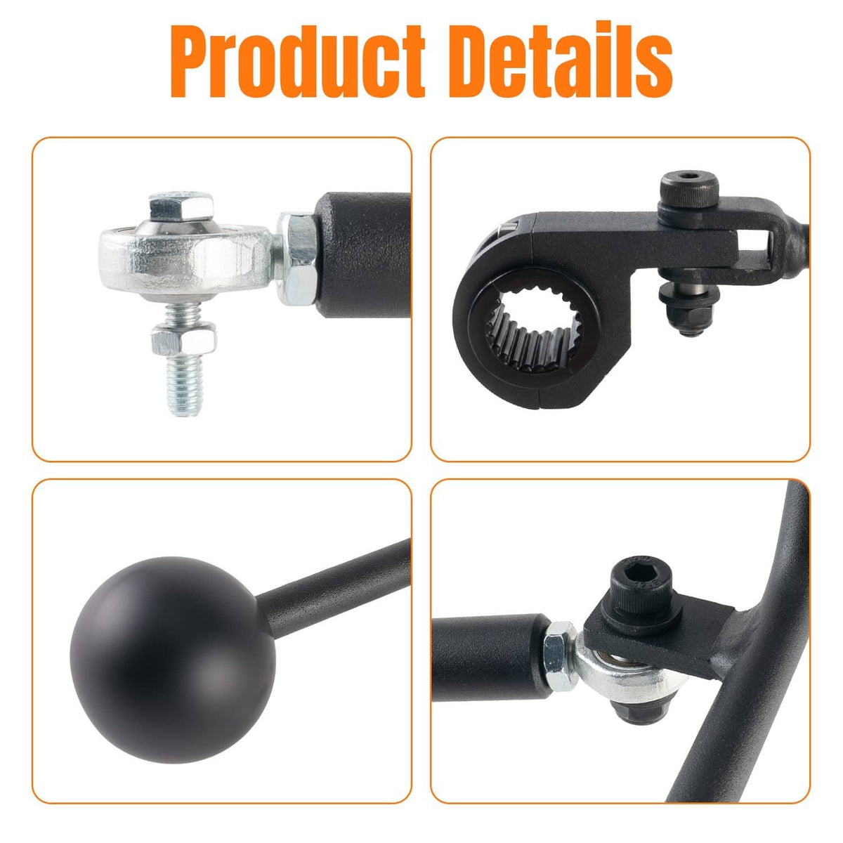 Close-up of black shifter linkage arm with ball lever and toothed mounting joint