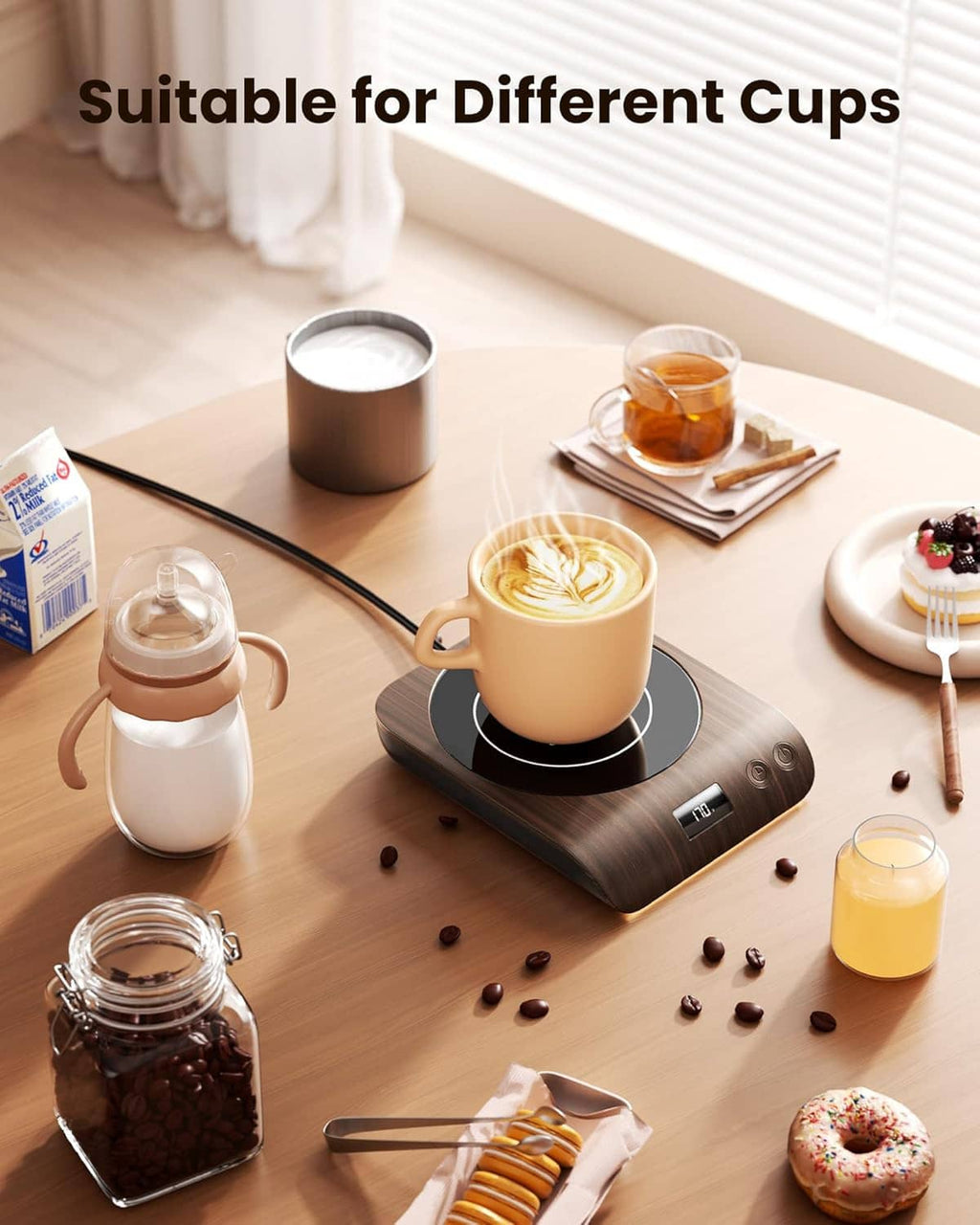 Coffee mug warmer on a tabletop with cups around a dark base and heated pad