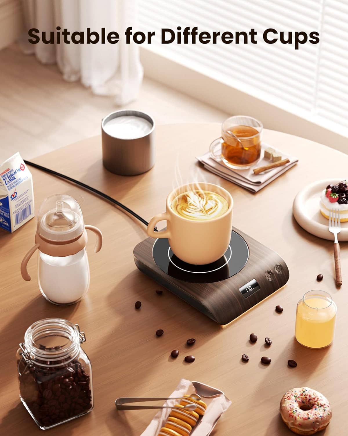 Coffee mug warmer on a tabletop with cups around a dark base and heated pad
