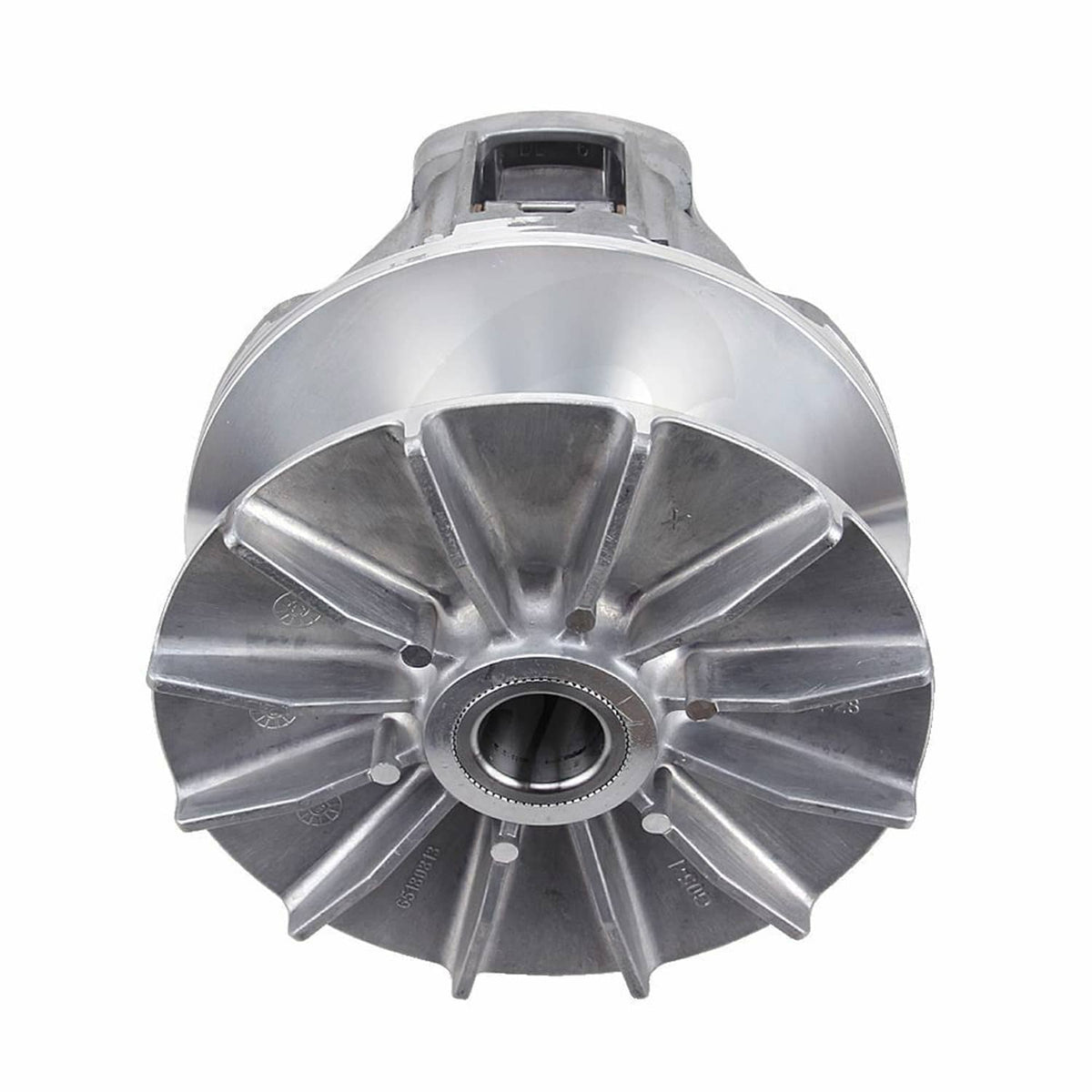 Primary drive clutch assembly front view with splined hub and circular outer cover