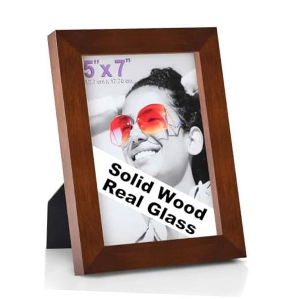 Brown solid wood 5x7 picture frame with real glass cover and tabletop stand