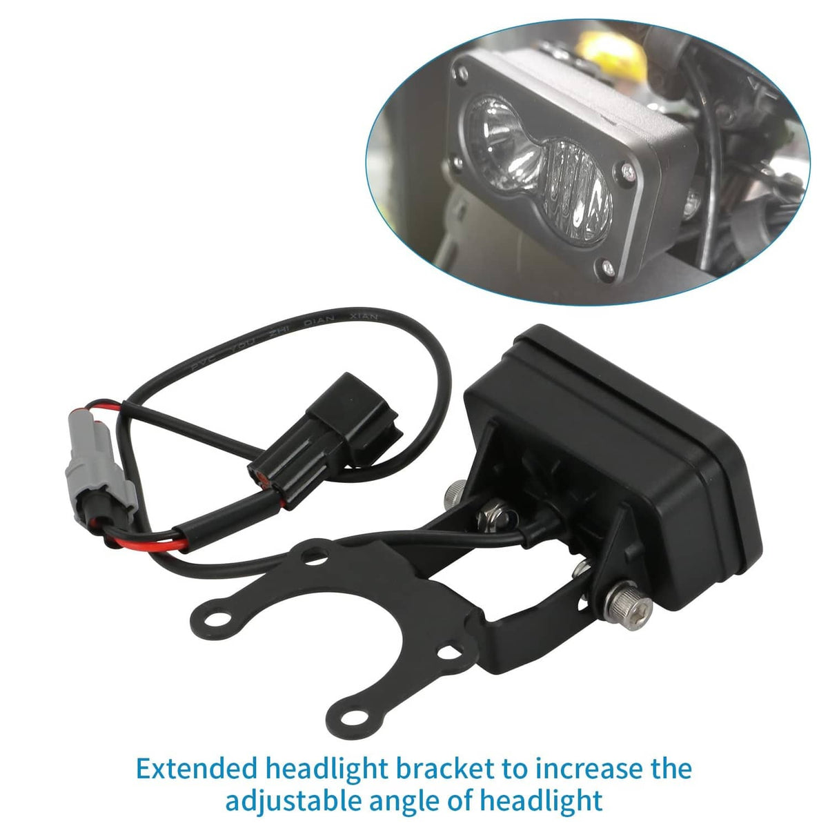 Black 3-inch LED headlight bracket with wiring harness and cable connectors