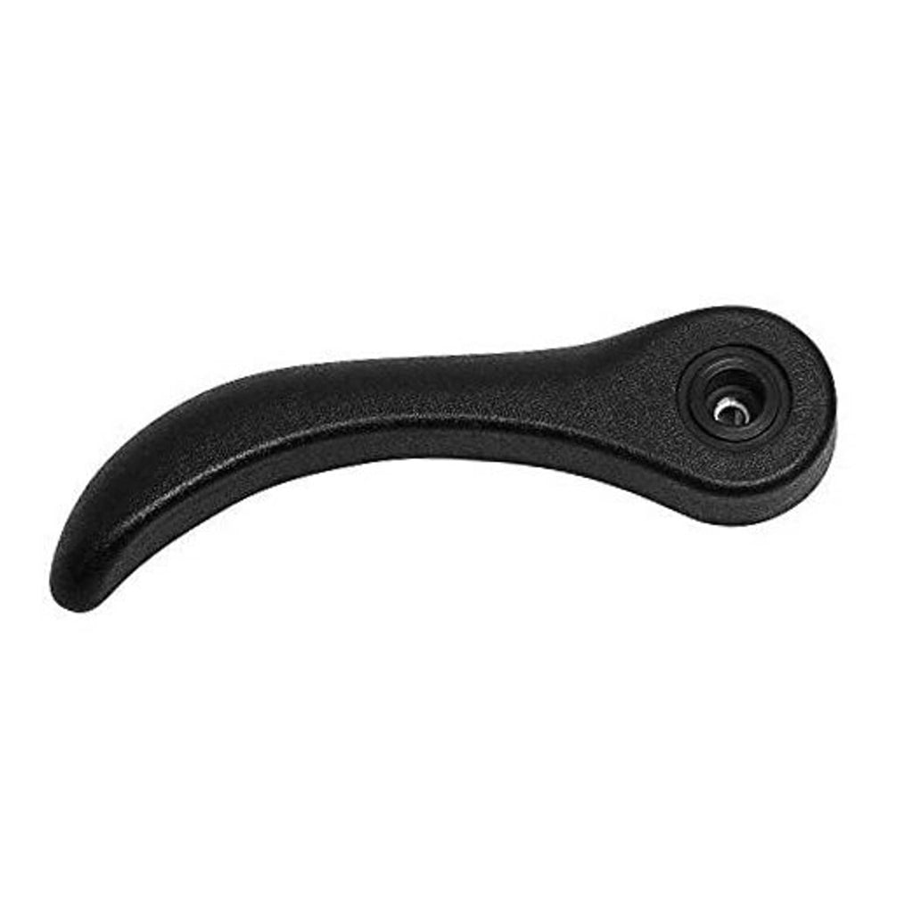 Black recliner release handle with circular mounting hole, left side grip