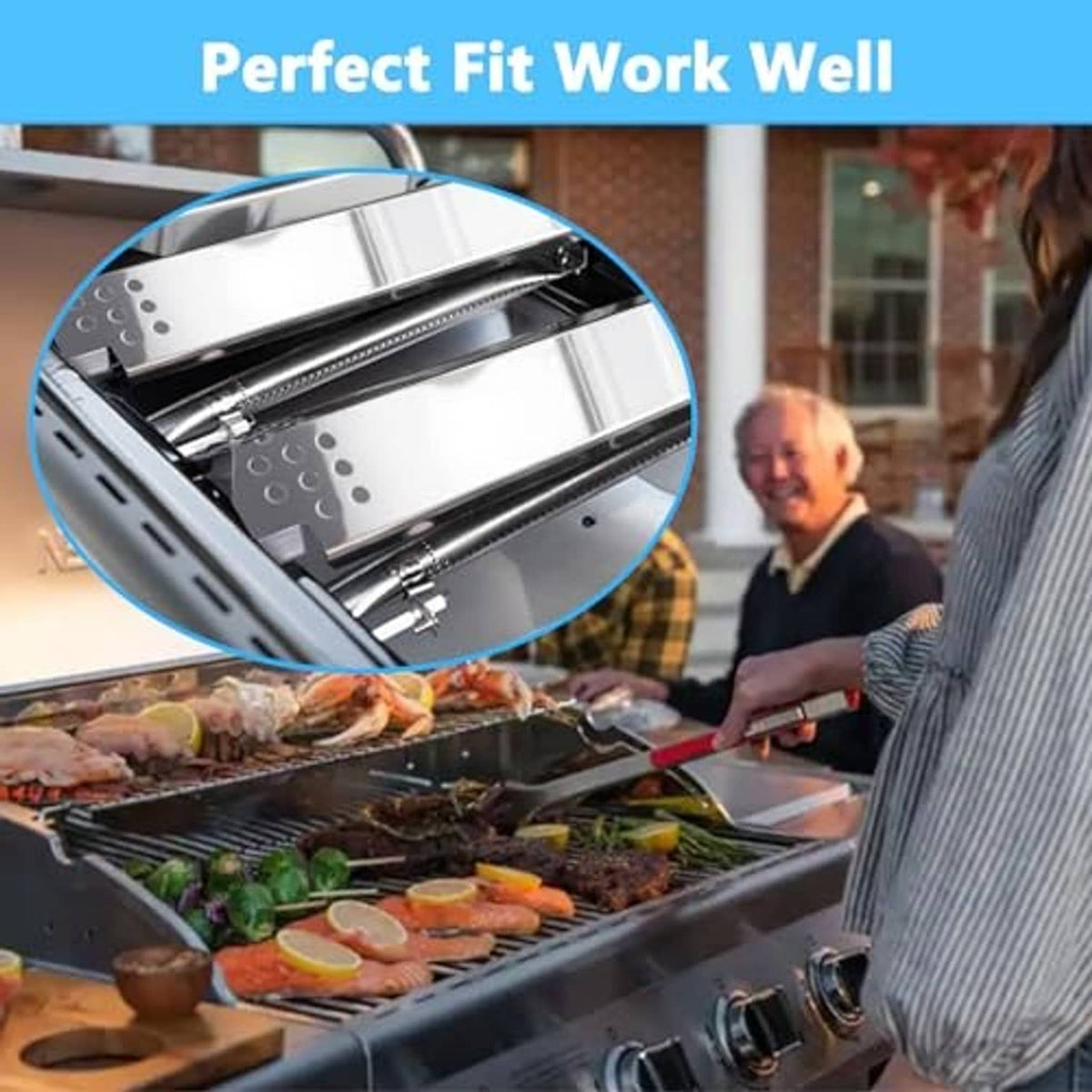 Gas grill interior showing stainless burner tubes and flame tamer plates