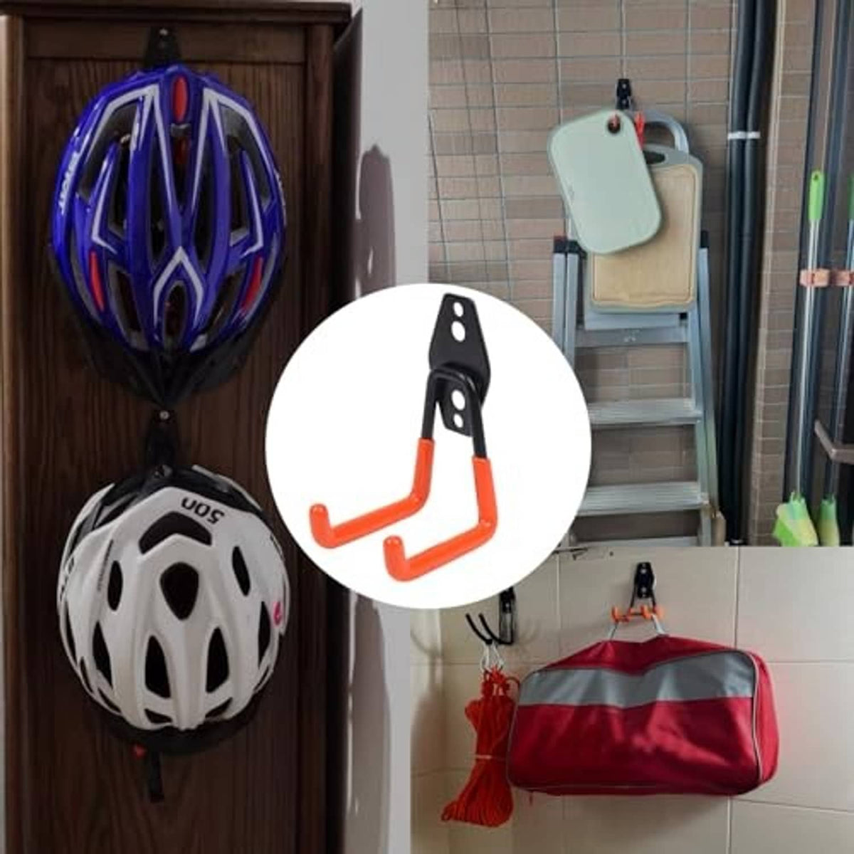 Orange and black steel wall hook holding helmets and bags in a garage