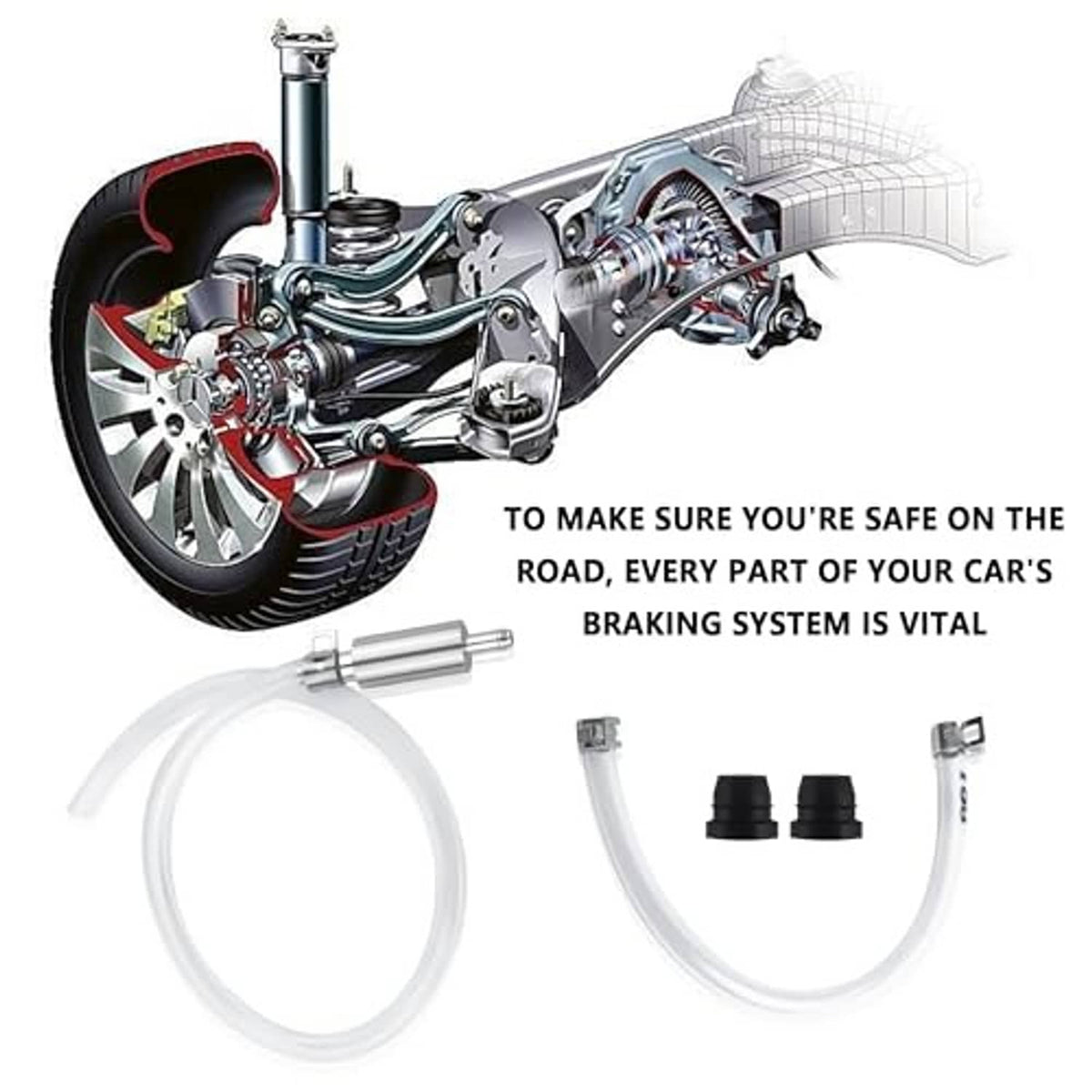 Brake bleeder hose kit with clear tubing, aluminum check valve, and black caps