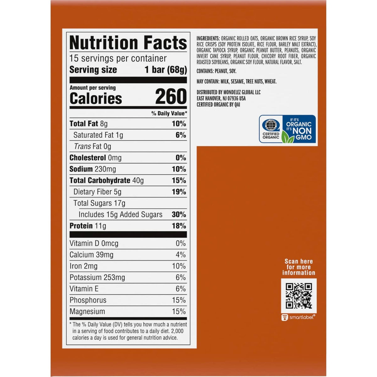 Nutrition Facts and ingredients for CLIF crunchy peanut butter energy bar, QR code