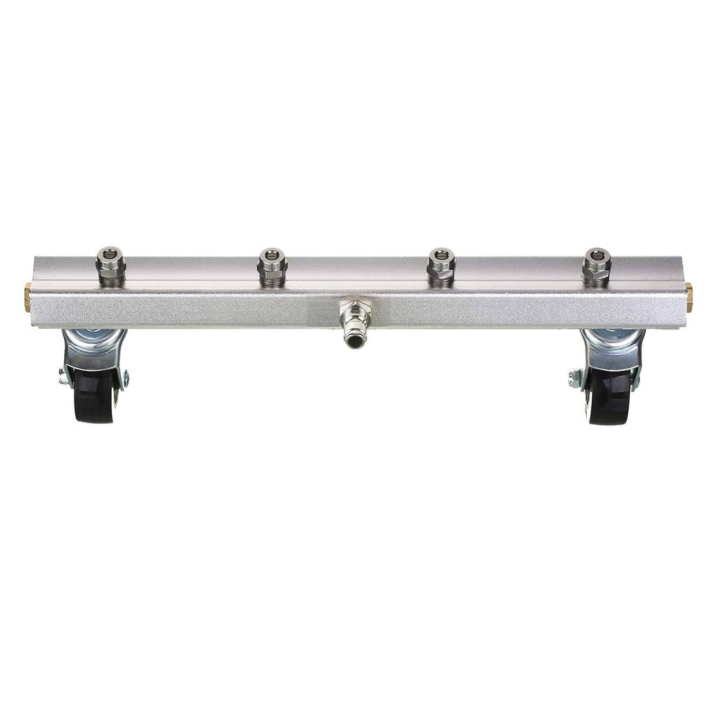 Silver undercarriage pressure washer cleaner bar with caster wheels and nozzle fittings