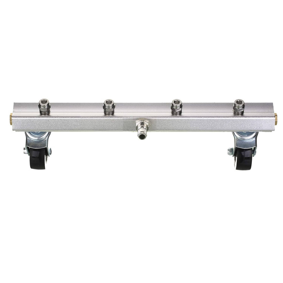 Silver undercarriage pressure washer cleaner bar with caster wheels and nozzle fittings