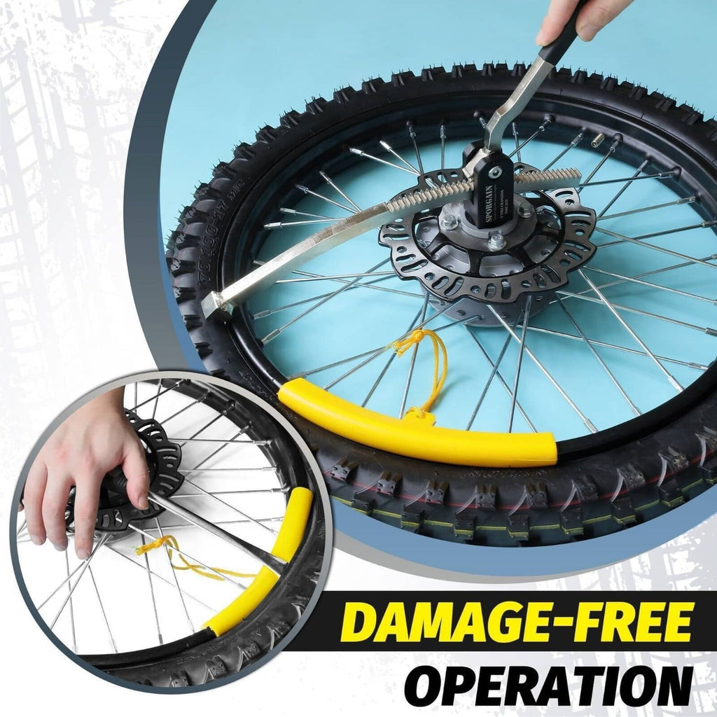 Tire changing tool kit with yellow tire irons and axle rod for motorcycle wheel service