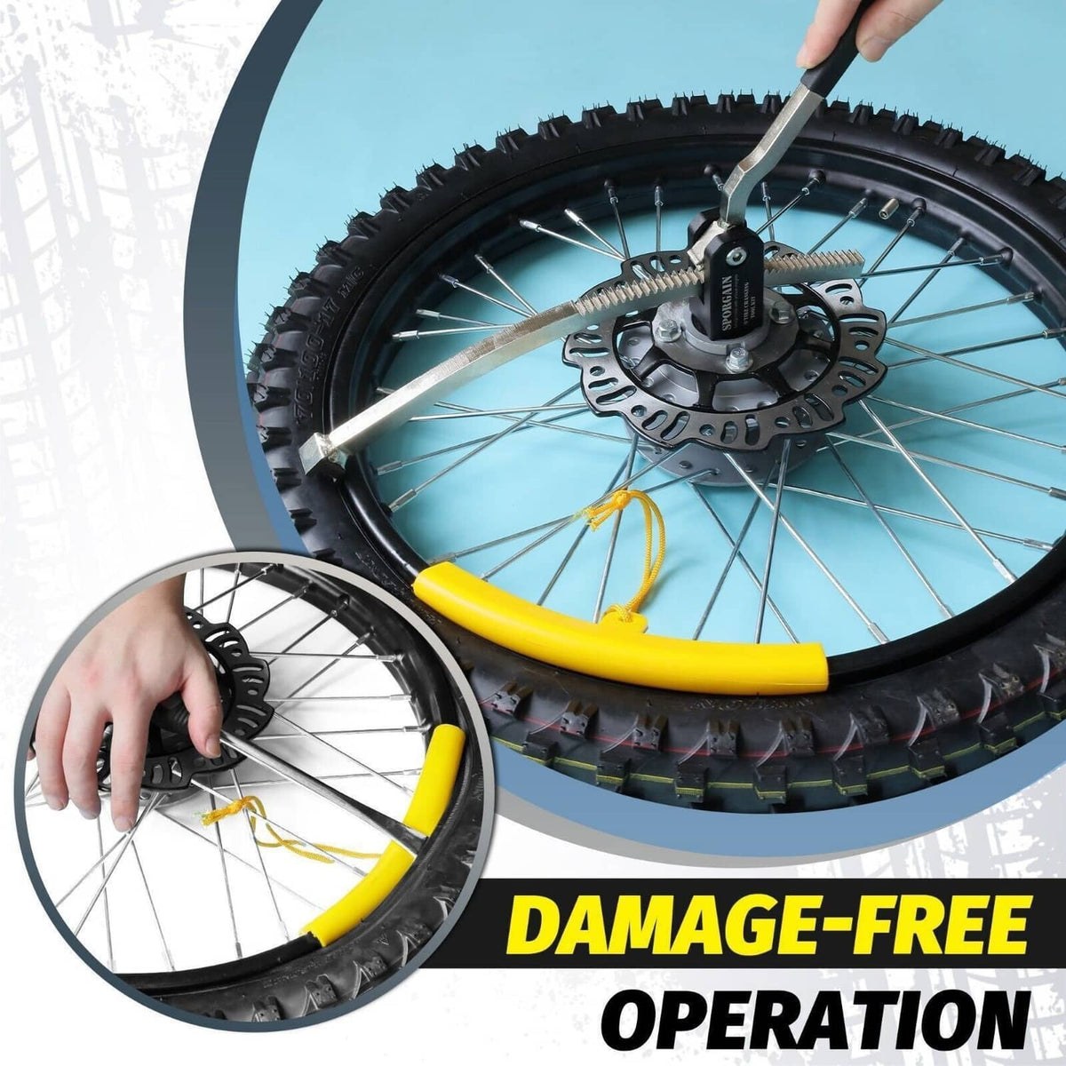 Tire changing tool kit with yellow tire irons and axle rod for motorcycle wheel service