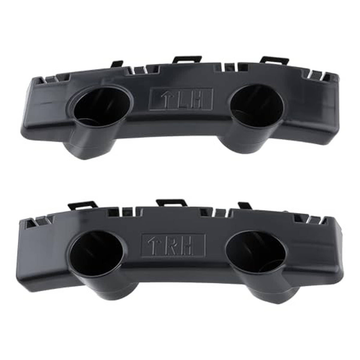 Pair of dark gray front bumper bracket covers with molded clips and two openings