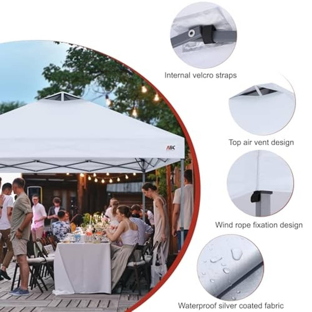 White canopy top details: internal velcro straps, top air vent, rope fixation