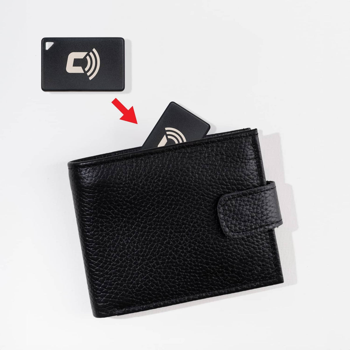 Black leather wallet with embedded black CARLOCK Tag 2.0 antenna tag