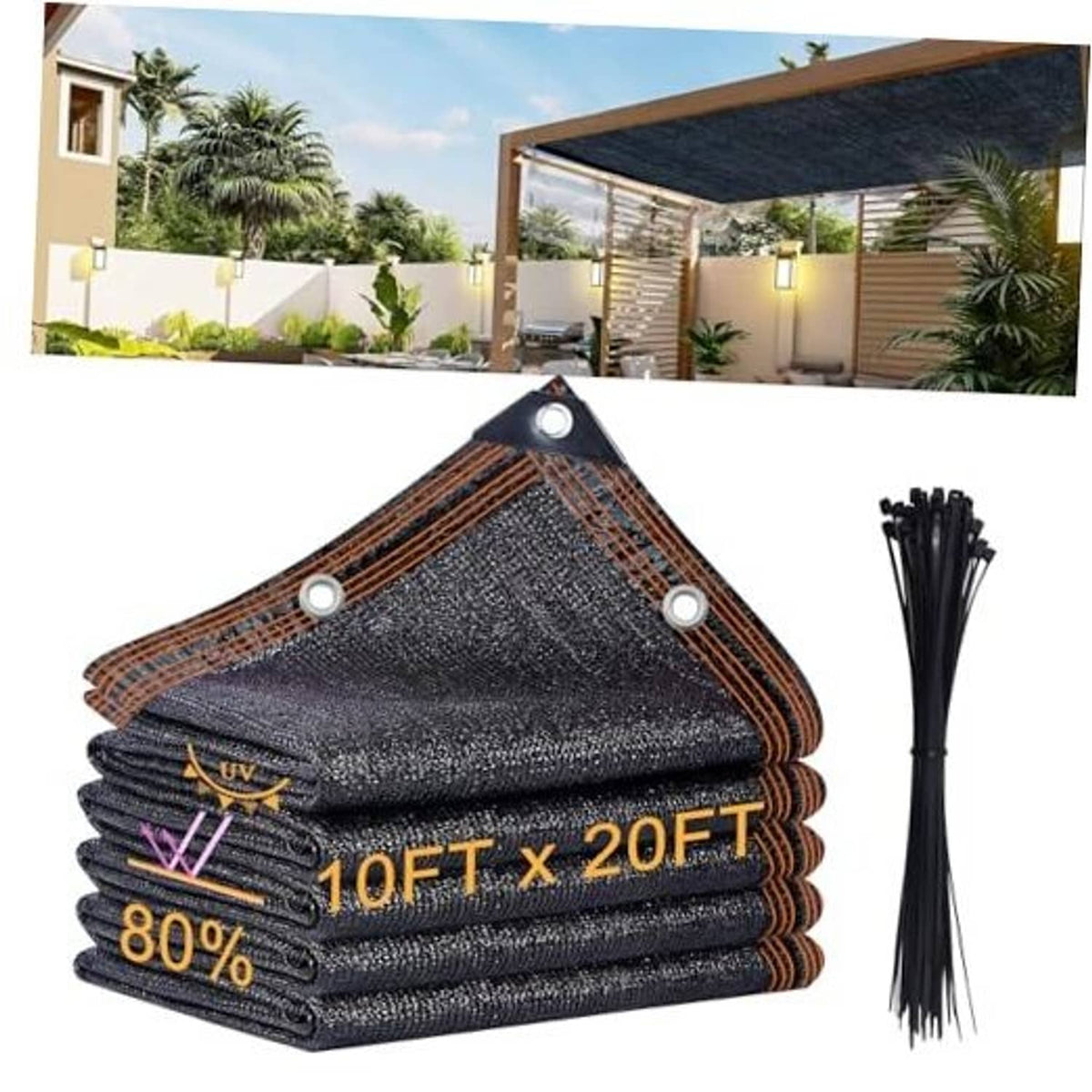 Black mesh shade cloth tarp bundle with grommet corners and zip ties, 10x20ft