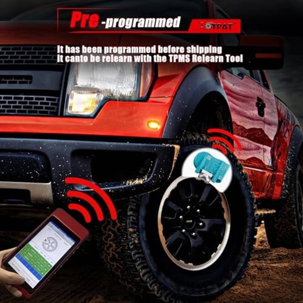 Turquoise TPMS sensor with metal valve stem near a vehicle wheel
