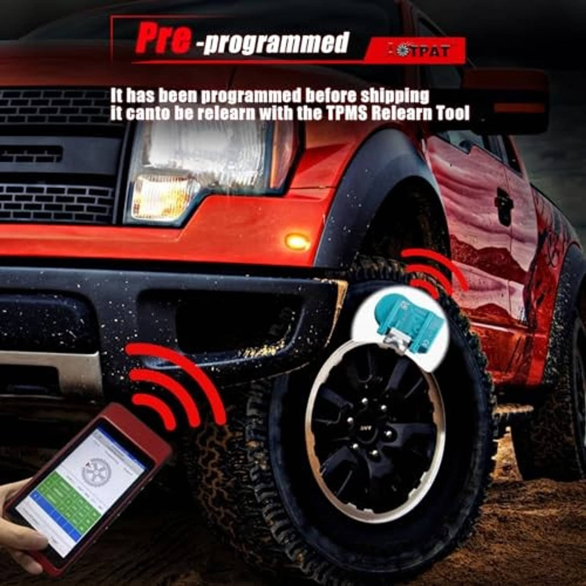 Turquoise TPMS sensor with metal valve stem near a vehicle wheel